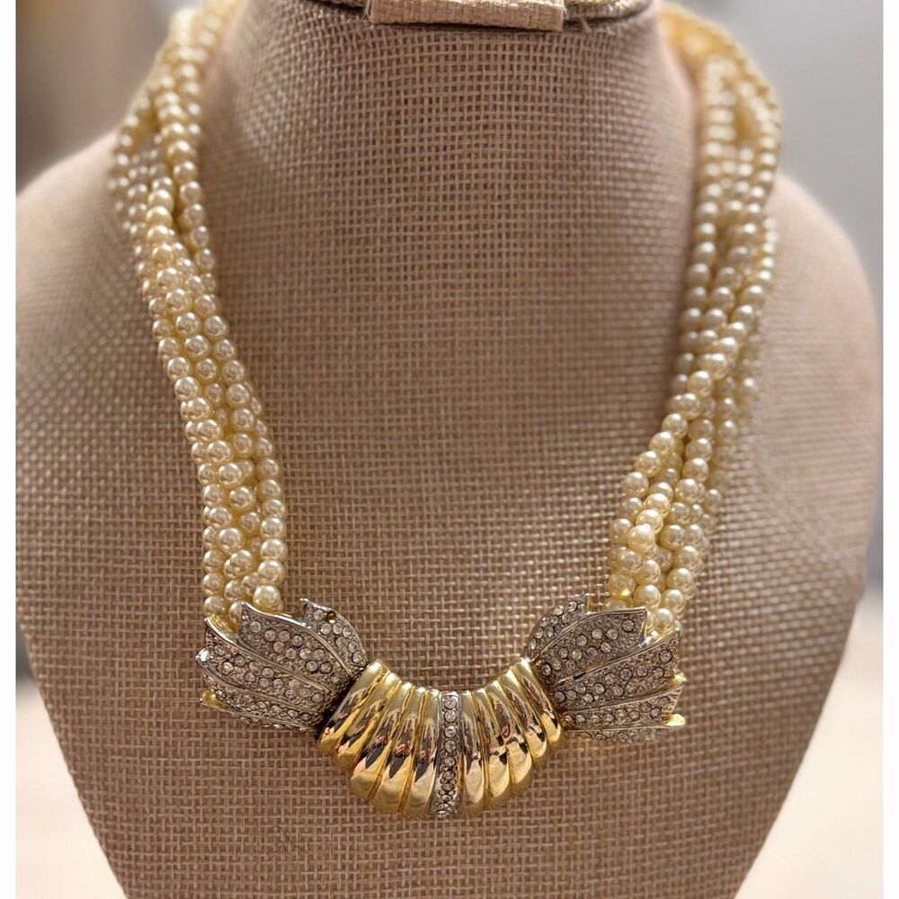 Vintage 1970s Rutino Italian Designer Multi-Strand Pearl Runway Clasp Necklace